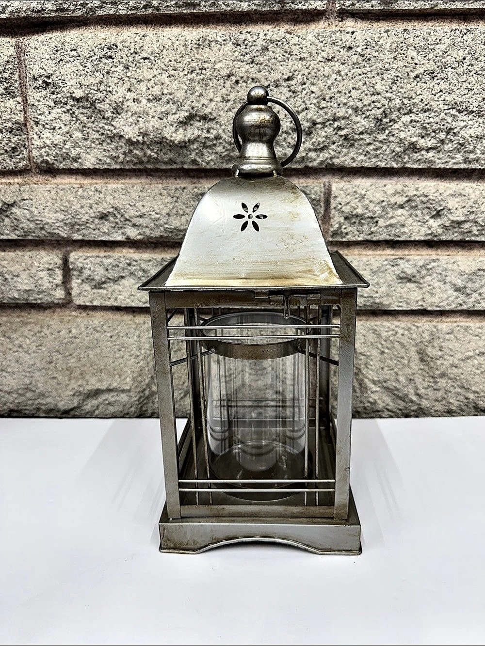 Vintage-Style Silver Metal Candle Lantern with Glass Hurricane Insert – Floral C